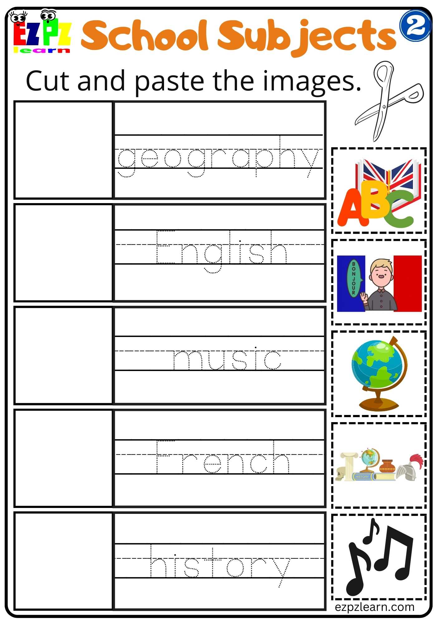 Group2 School Subjects Cut and Paste Worksheet Homeschool and ESL Students